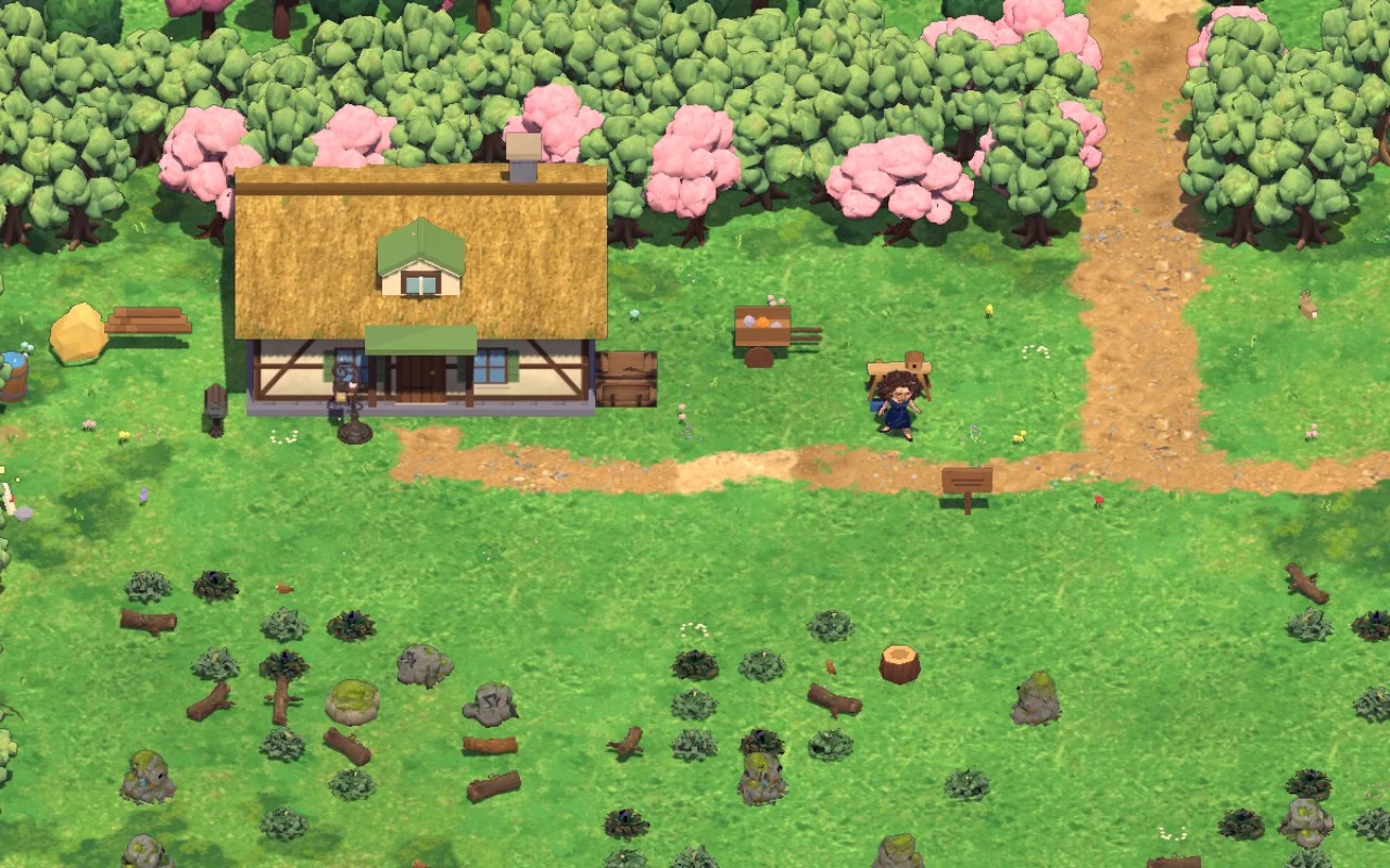 The thatched cottage, blossom trees and garden at Briarwood Farm