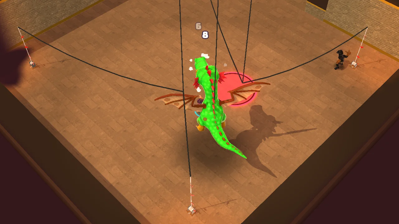 A green stage dragon suspended by wires in Carnage’s Joust arena