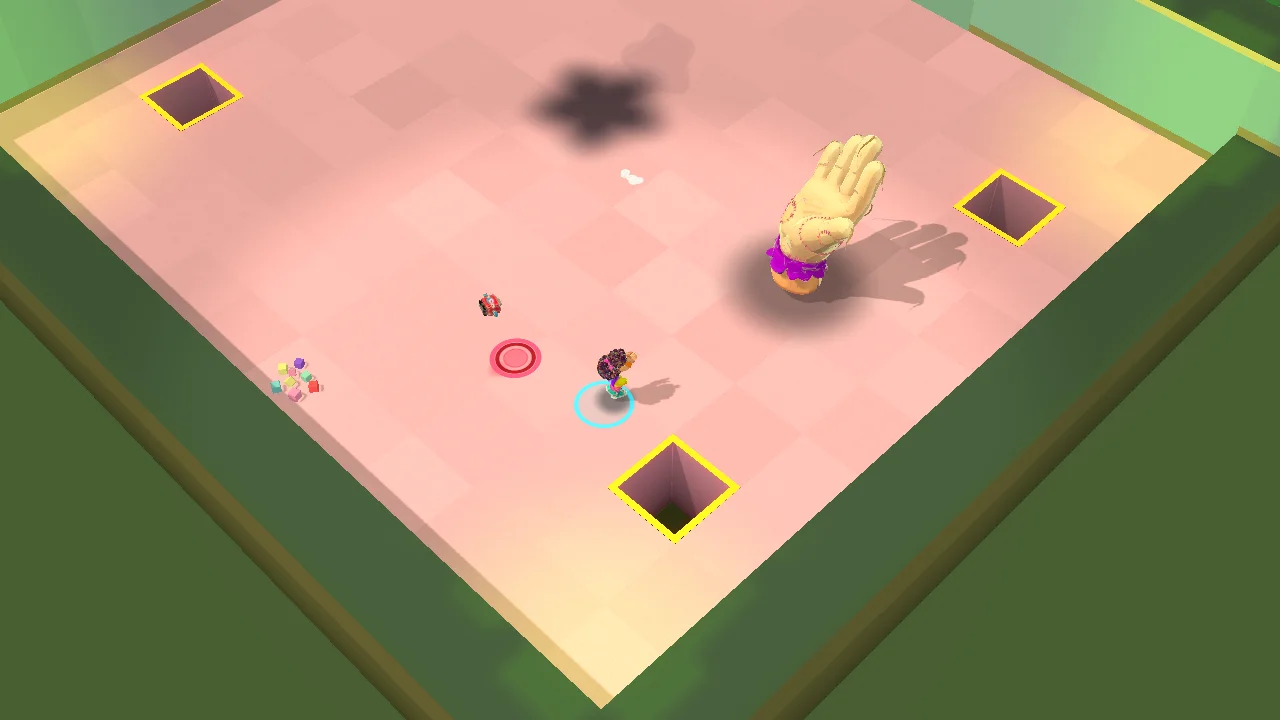 The giant hand guest star above the bright floor of the Puppet set