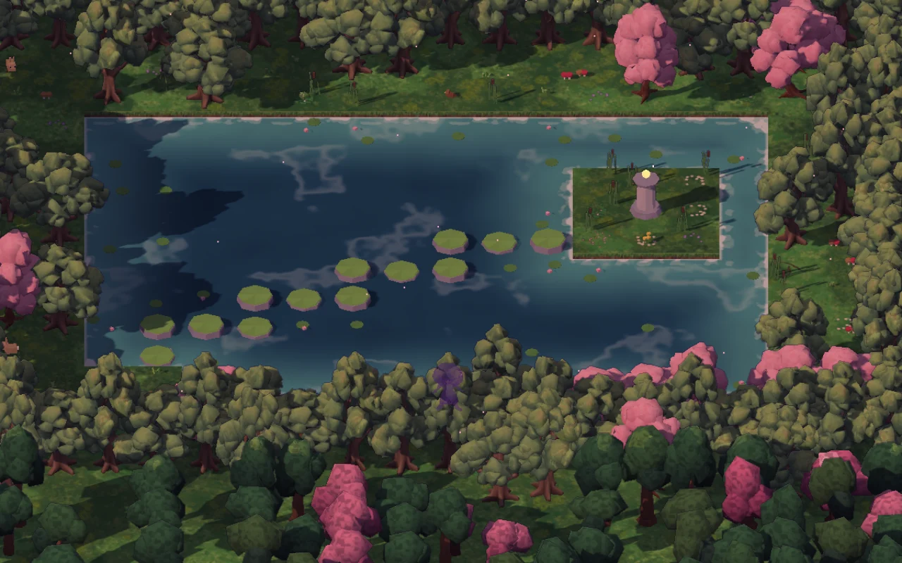 Stepping stones and a small island in the wooded Still Pond