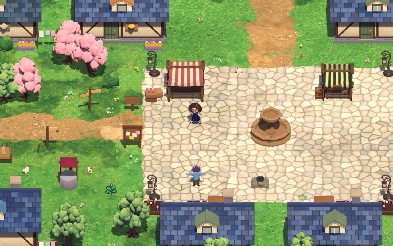 Rosehollow’s fountain, market stalls and neighbours