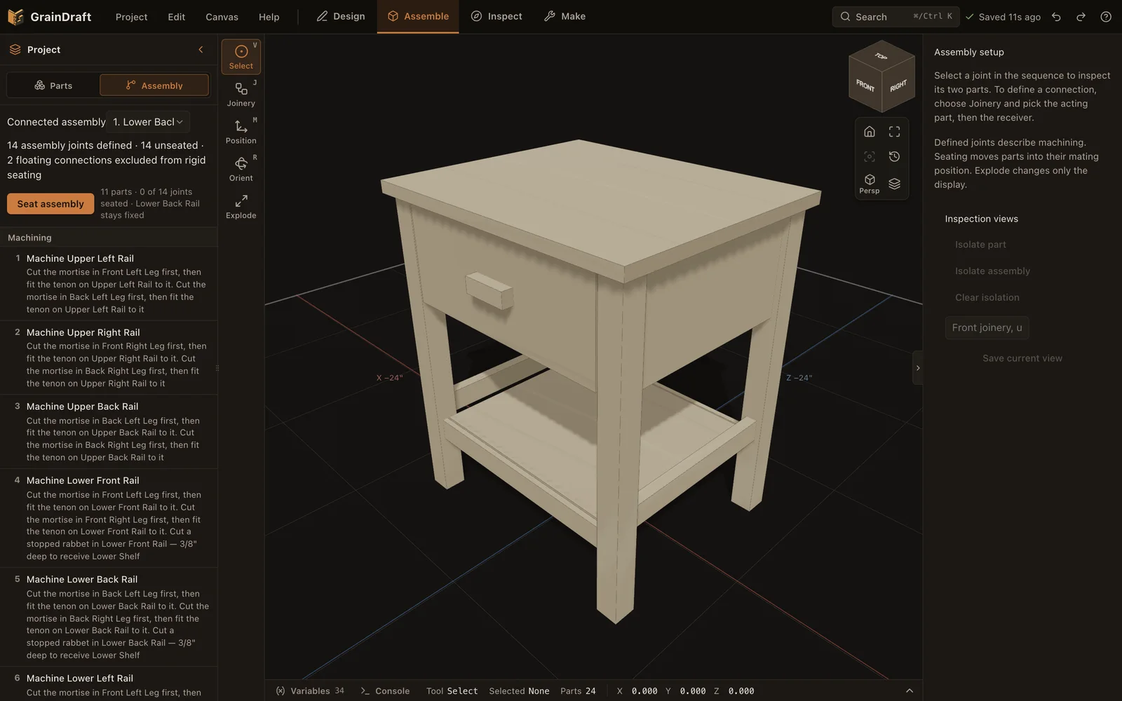 GrainDraft Assemble workspace showing the side-table assembly