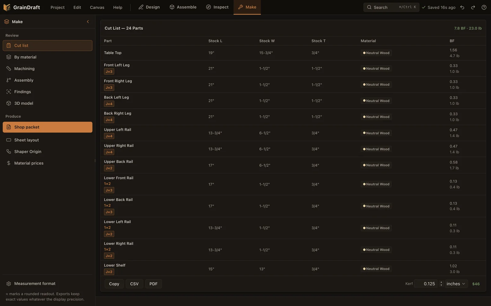 GrainDraft Make workspace with manufacturing and stock information