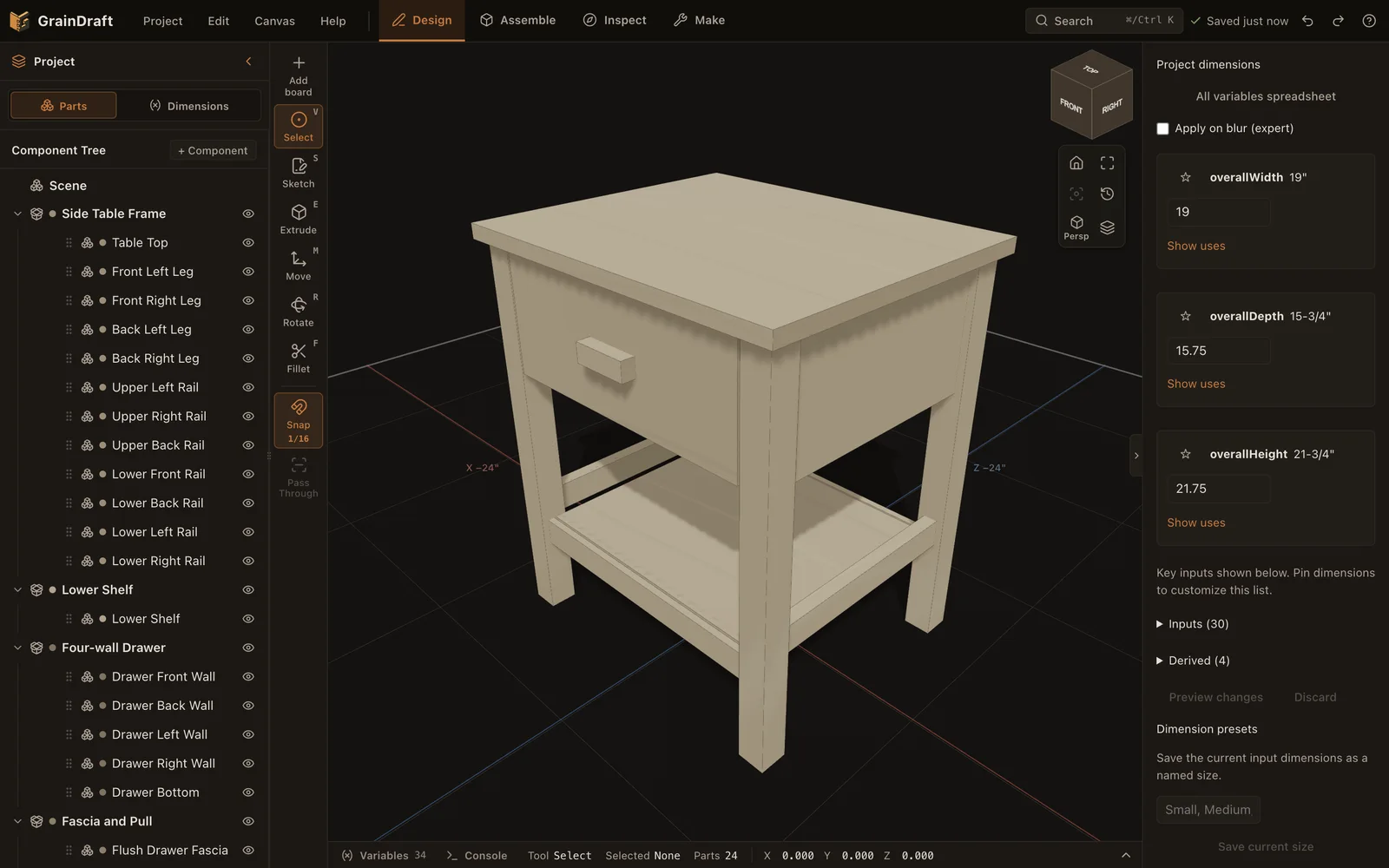 GrainDraft’s 3D woodworking editor showing a side table with editable dimensions