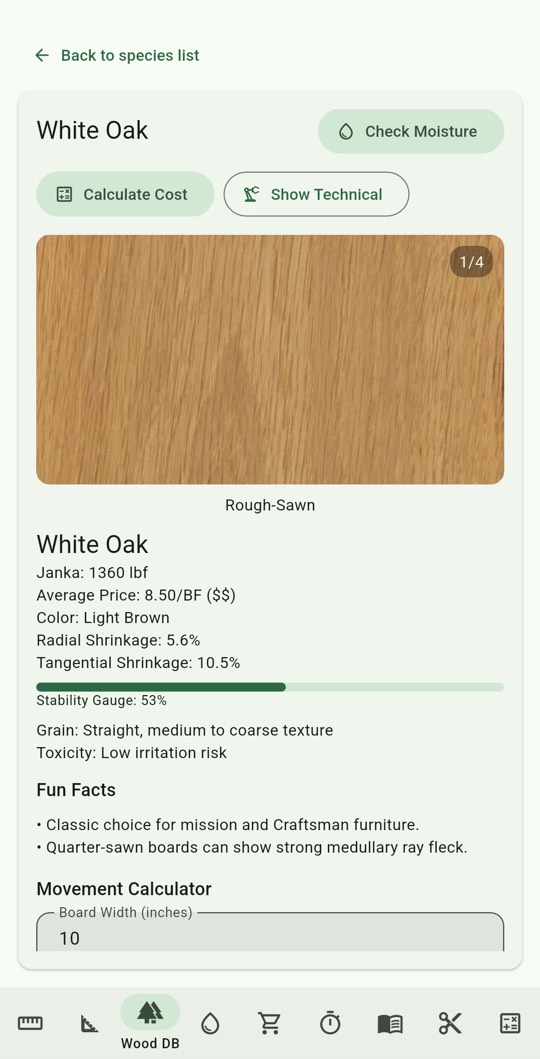 ShopHelper Wood Database screen